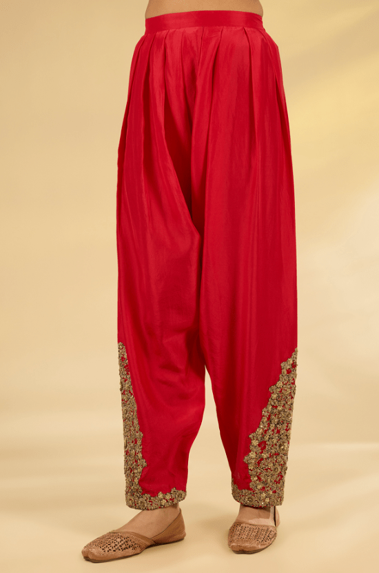 Red Silk Hand & Machine Embroidered Kurta Set - Image 3