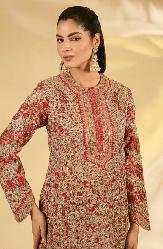 Red Silk Hand & Machine Embroidered Kurta Set - Image 4