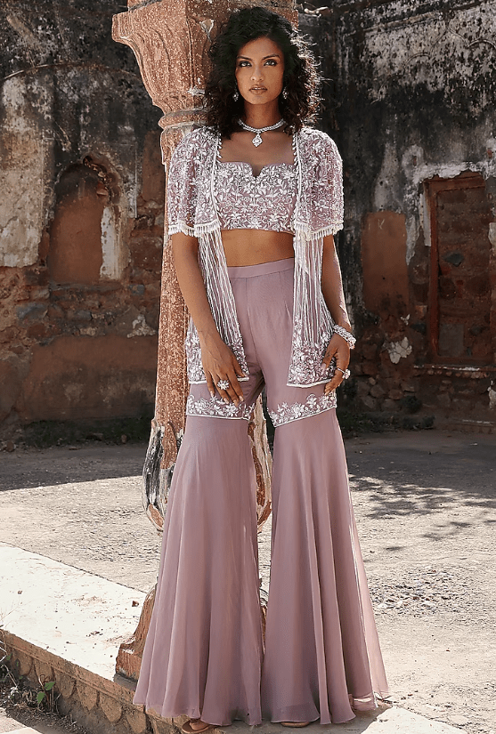 Lilac Georgette Aari Embellished Gharara Set