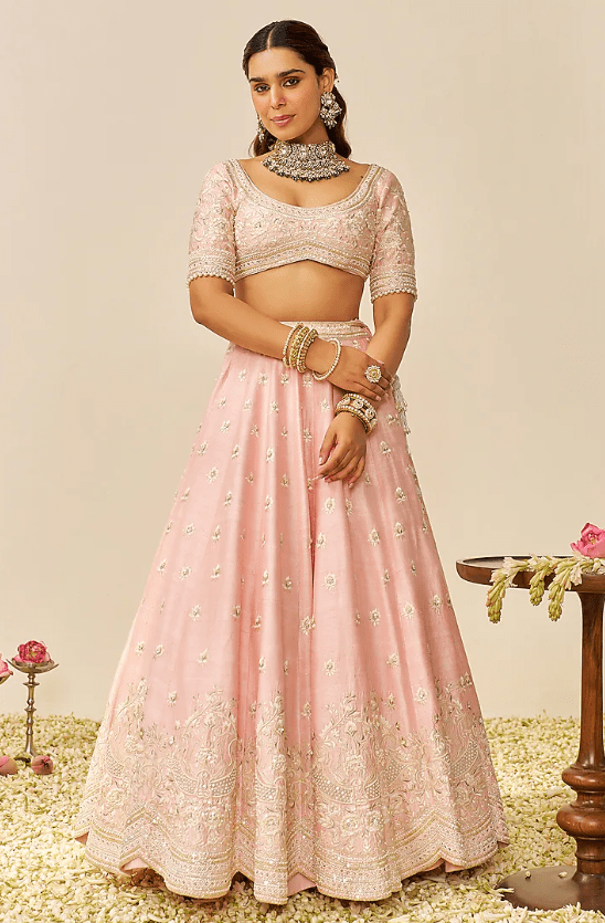 Blush Pink Raw Silk Kashmiri Tilla Embroidered Lehenga Set - Image 3