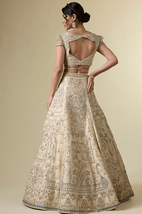 Gold Raw Silk Tribal Motif Hand & Machine Embroidered Lehenga Srt - Image 2