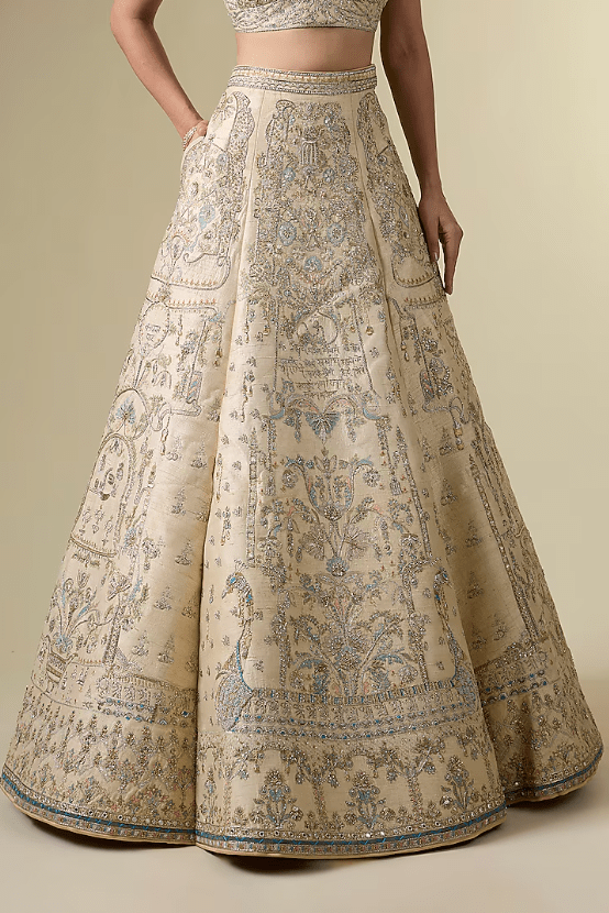 Gold Raw Silk Tribal Motif Hand & Machine Embroidered Lehenga Srt - Image 3