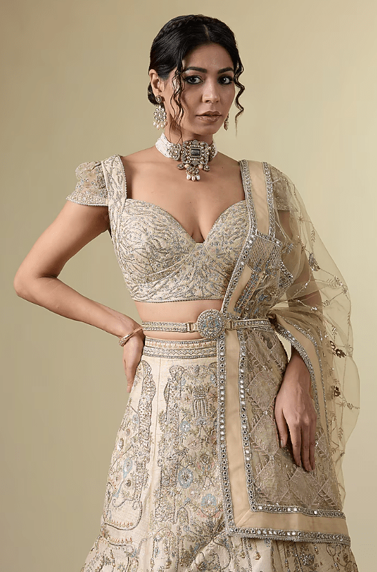 Gold Raw Silk Tribal Motif Hand & Machine Embroidered Lehenga Srt - Image 4