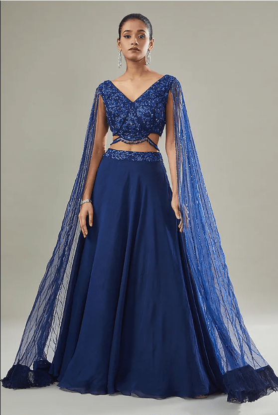 Electric Blue Organza Embellished Skirt Set