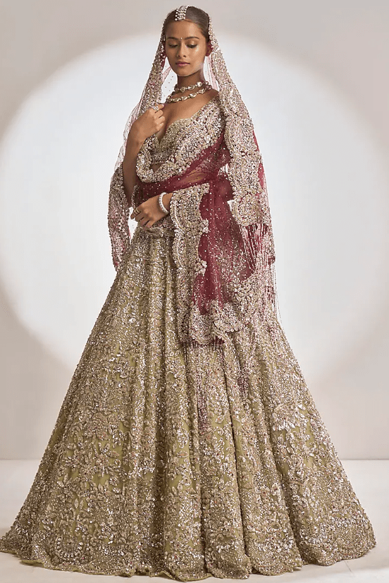 Sage Green Net Sequins Embroidered Lehenga Set