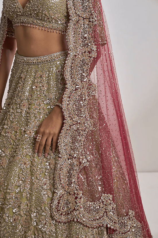 Sage Green Net Sequins Embroidered Lehenga Set - Image 5