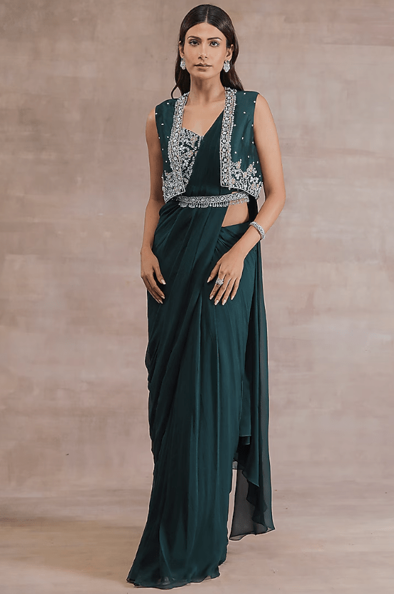 Bottle Green Chiffon Jacket Saree Set