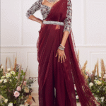 Maroon Georgette Pleated Pant Saree Set