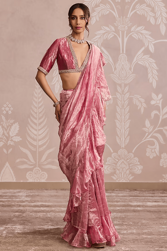 Fuchsia Gold Tissue Placement Embroidered Ruffled Saree Set