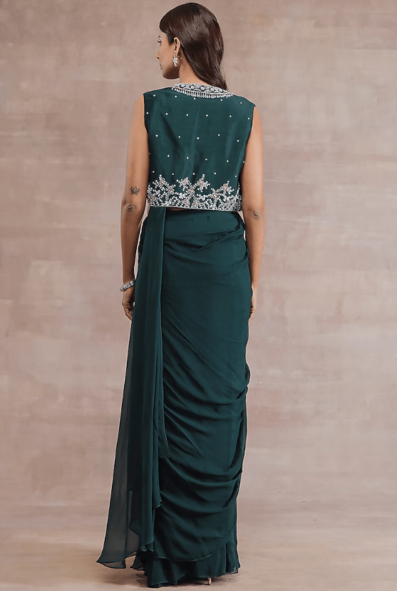 Bottle Green Chiffon Jacket Saree Set - Image 2