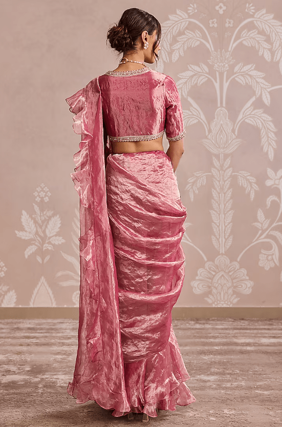 Fuchsia Gold Tissue Placement Embroidered Ruffled Saree Set - Image 2