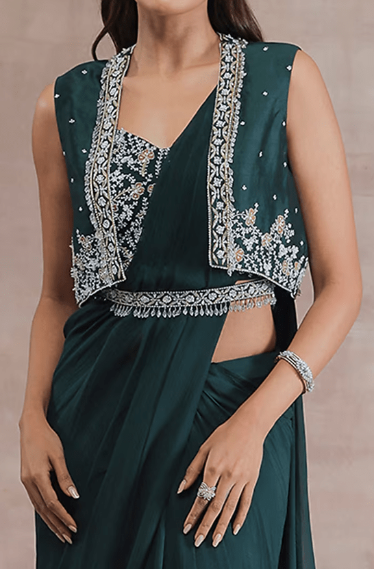 Bottle Green Chiffon Jacket Saree Set - Image 3