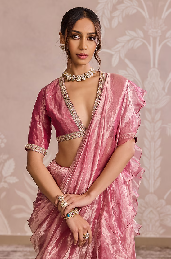 Fuchsia Gold Tissue Placement Embroidered Ruffled Saree Set - Image 3