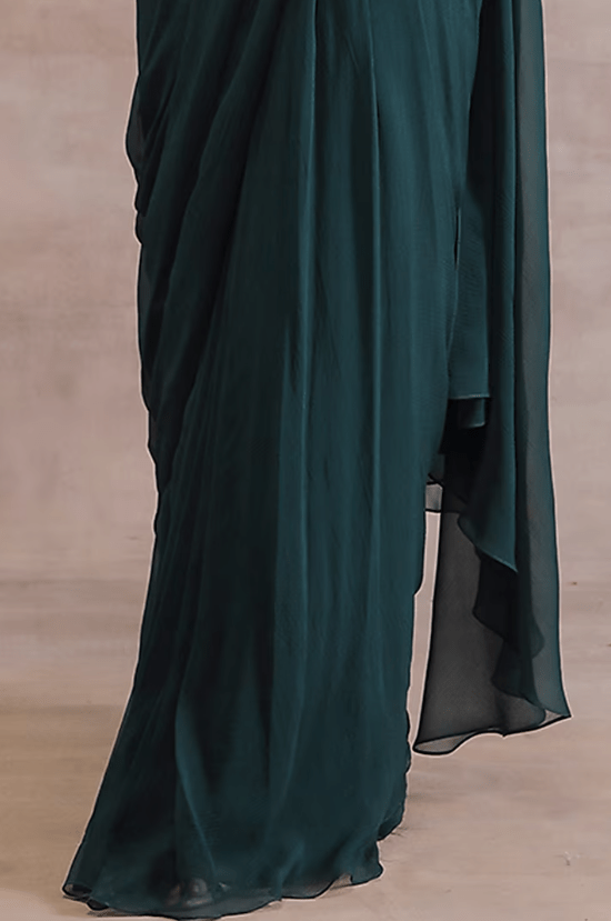 Bottle Green Chiffon Jacket Saree Set - Image 4