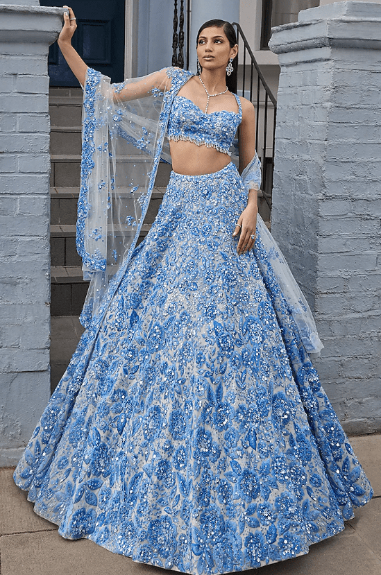 Powder Blue Net Crystal & Pearl Embroidered Lehenga Set - Image 2
