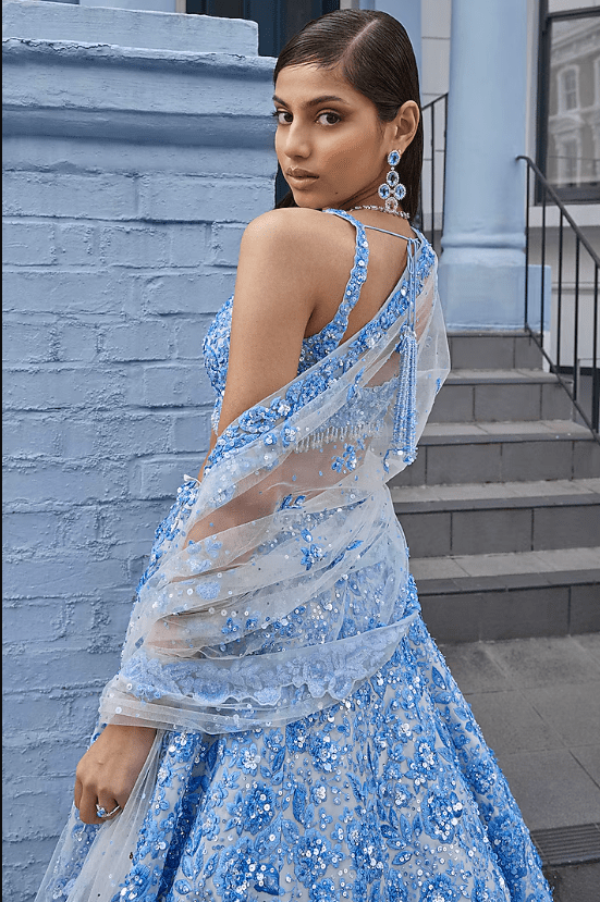 Powder Blue Net Crystal & Pearl Embroidered Lehenga Set - Image 3