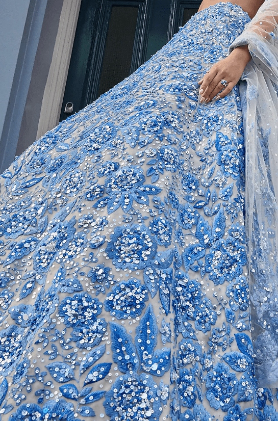 Powder Blue Net Crystal & Pearl Embroidered Lehenga Set - Image 4