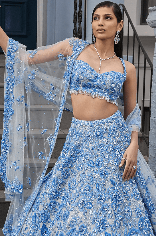 Powder Blue Net Crystal & Pearl Embroidered Lehenga Set - Image 5