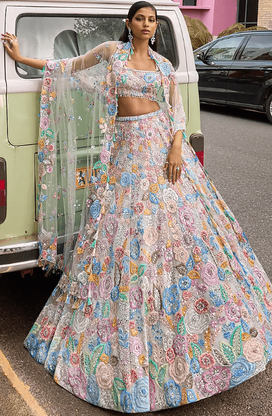Ivory Net Floral Thread & Mirror Embroidered Lehenga Set