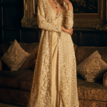 Nude Georgette & Net Dori Embroidered Pre-Draped Jacket Saree Set