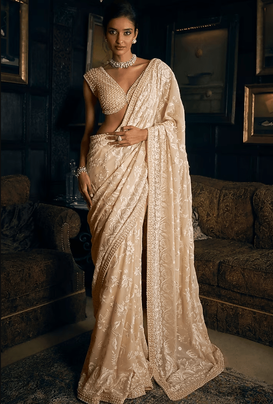 Gold Georgette Mirror Embroidered Pre-Stitched Saree Set