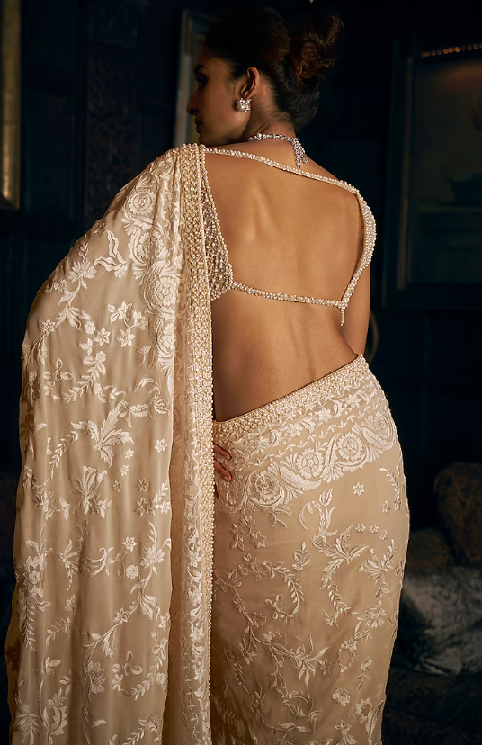 Gold Georgette Mirror Embroidered Pre-Stitched Saree Set - Image 2