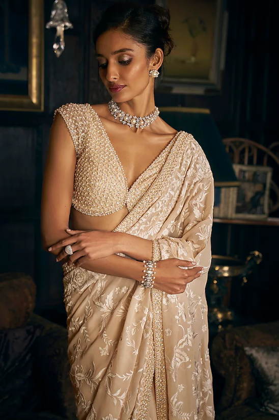 Gold Georgette Mirror Embroidered Pre-Stitched Saree Set - Image 3