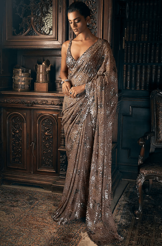 Ash Grey Georgette Sequins Embroidered Saree Set