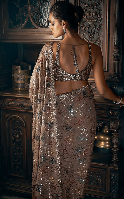 Ash Grey Georgette Sequins Embroidered Saree Set - Image 2