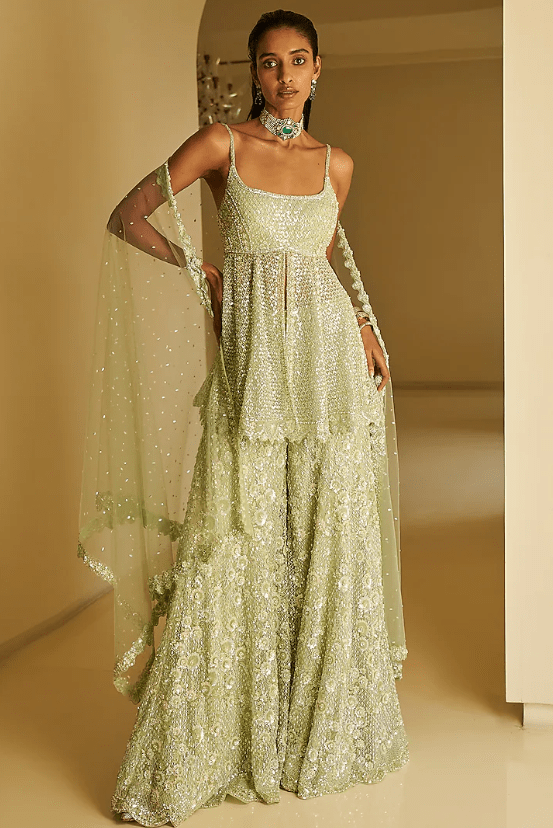 Mint Green Net Sequins Embroidered Sharara Set