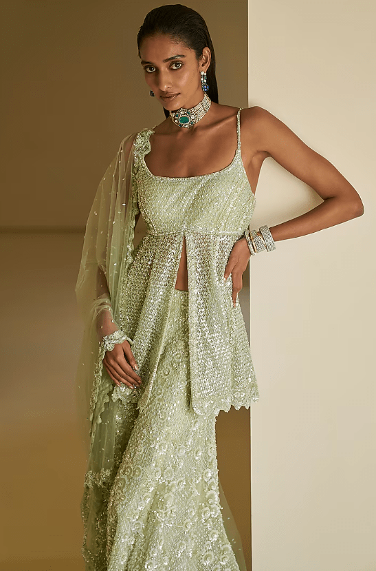 Mint Green Net Sequins Embroidered Sharara Set - Image 3