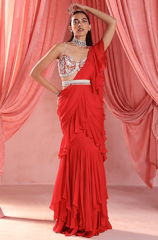 Red Chiffon Pre-Stitched Ruffled Saree Set