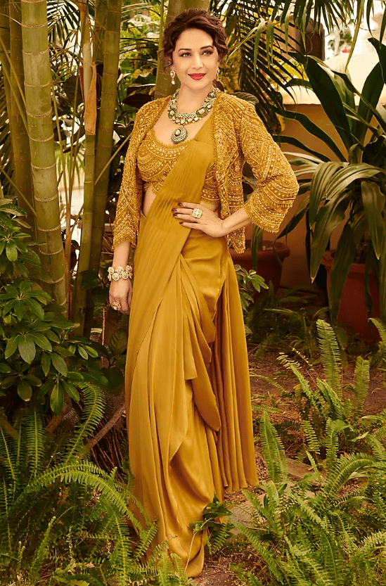 Mustard Yellow Chiffon & Tulle Hand Embroidered Draped Jacket Saree Set
