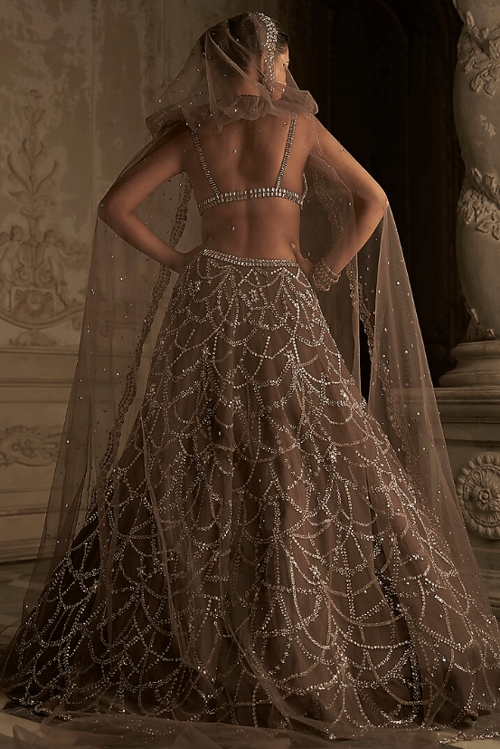 Coffee Net Crystal Embroidered Lehenga Set - Image 4