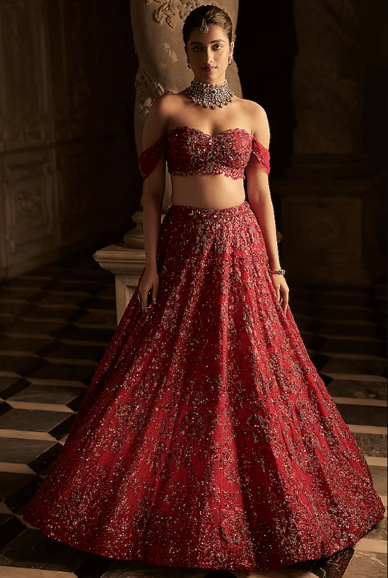 Red Net Sequins Embroidered Lehenga Set