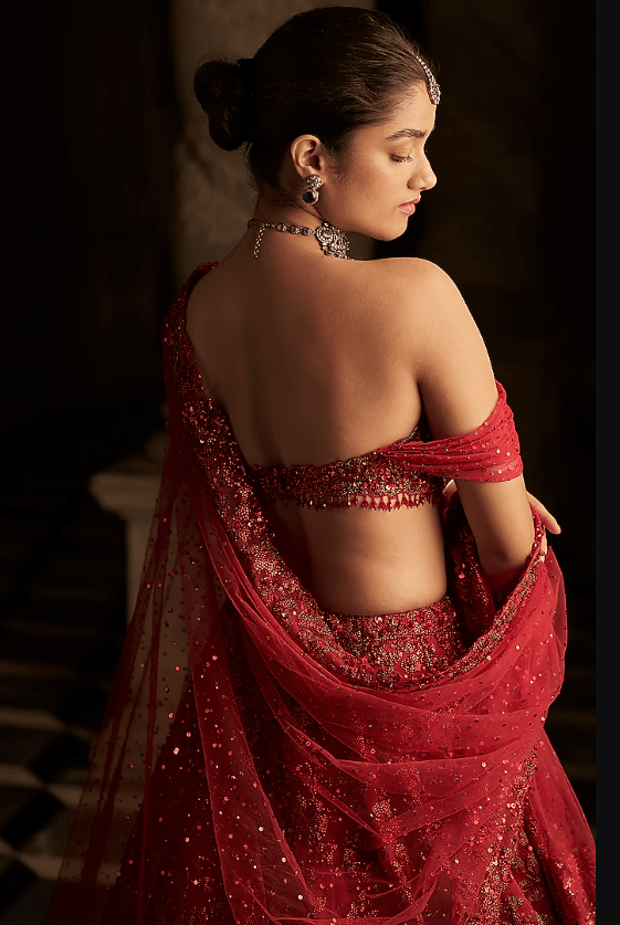 Red Net Sequins Embroidered Lehenga Set - Image 2