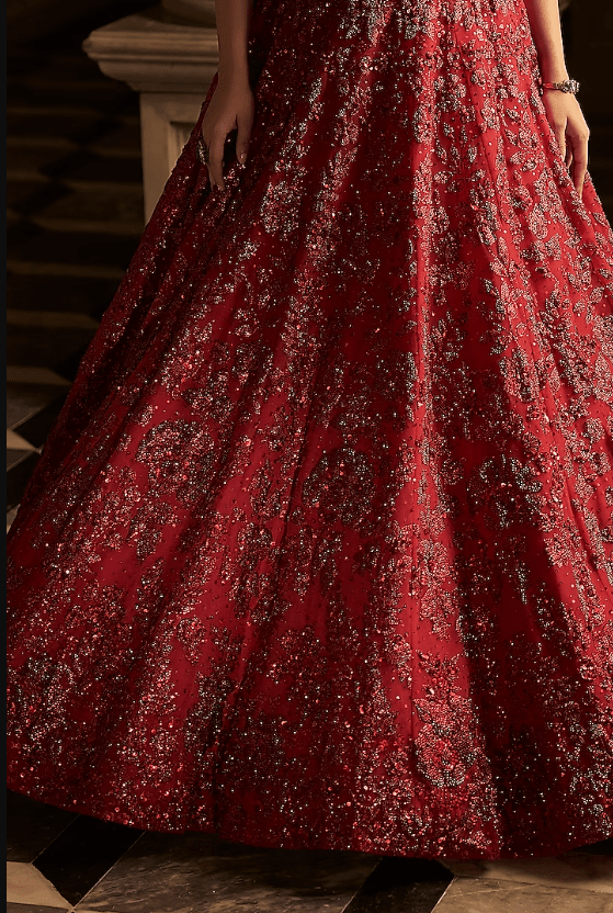Red Net Sequins Embroidered Lehenga Set - Image 3