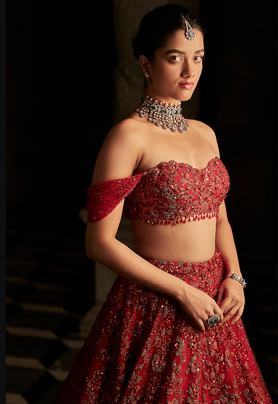 Red Net Sequins Embroidered Lehenga Set - Image 4
