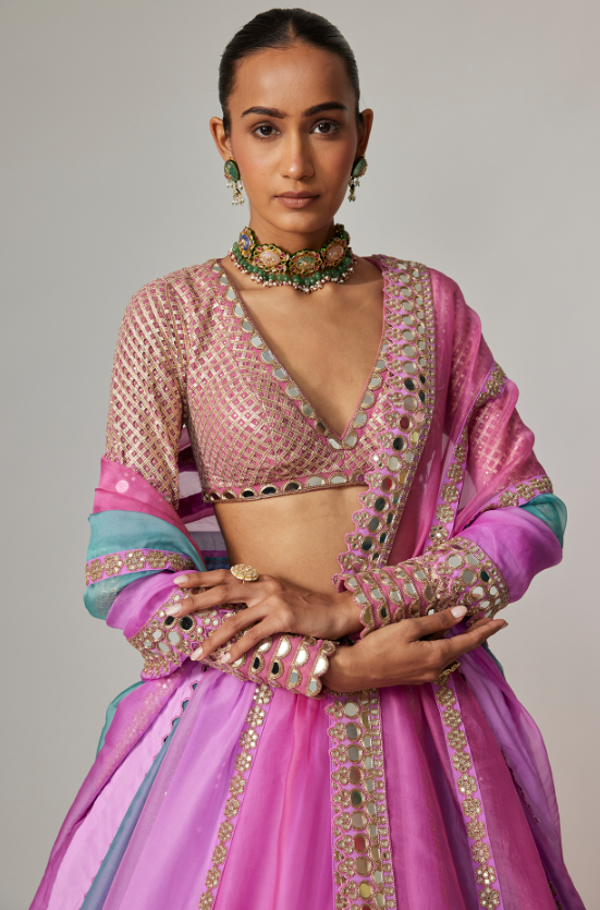 Multi-Colored Organza Gota Embroidered Lehenga Set - Image 2