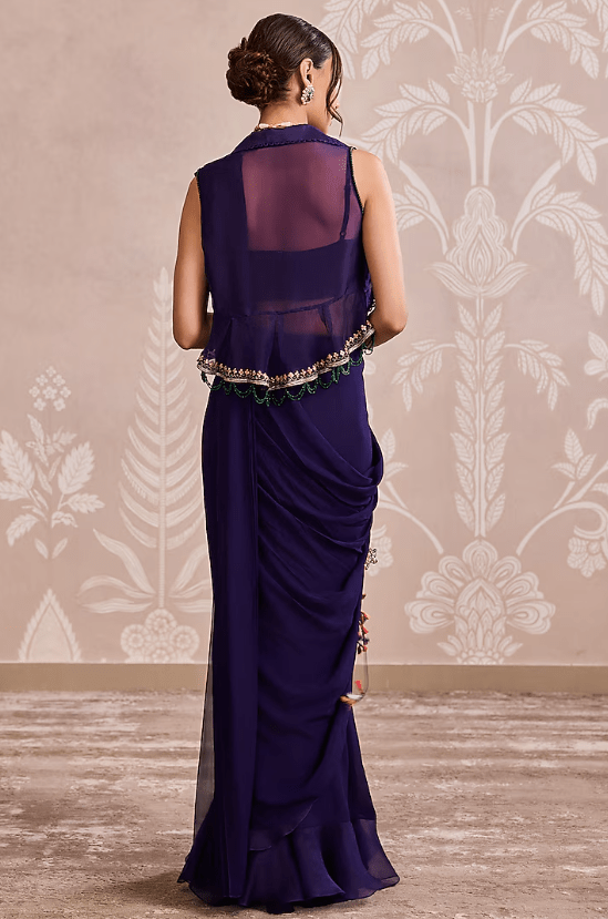Purple Georgette Floral Embroidered Jacket Ruffled Saree Set - Image 2