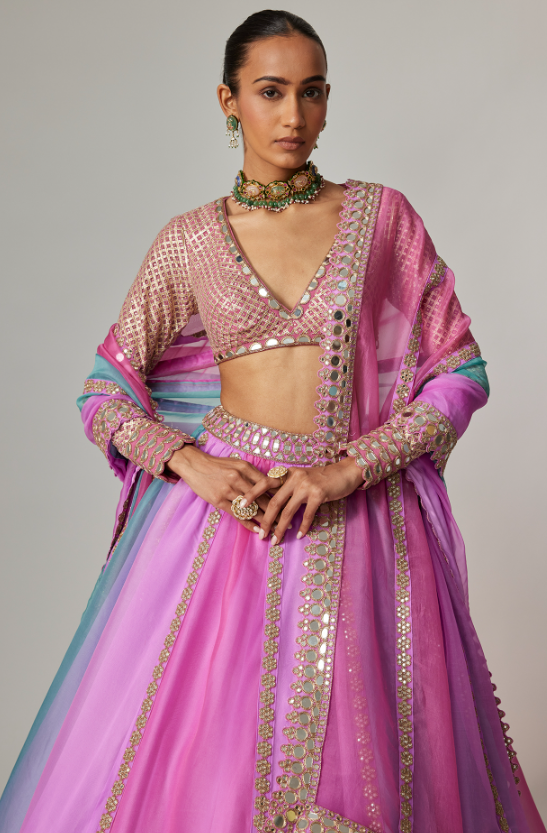 Multi-Colored Organza Gota Embroidered Lehenga Set - Image 3