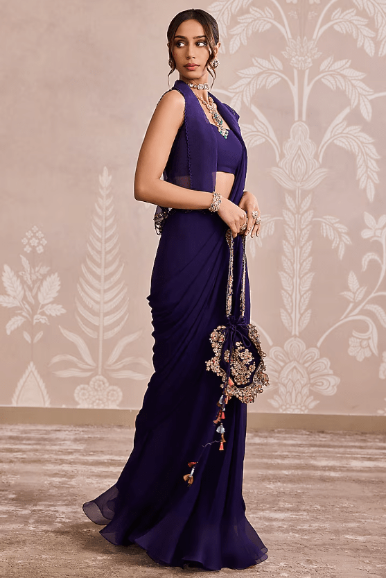 Purple Georgette Floral Embroidered Jacket Ruffled Saree Set - Image 4