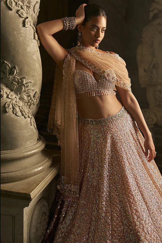 Powder Peach Net Sequins Embroidered Lehenga Set - Image 4