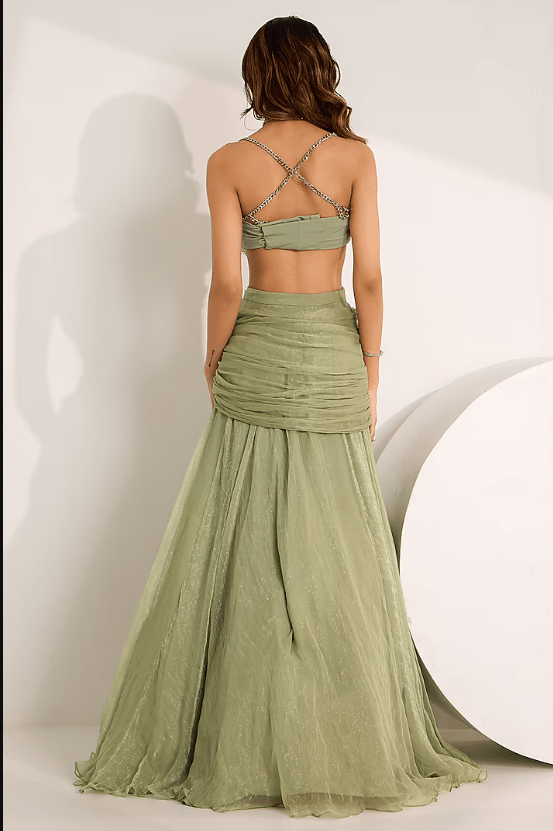 Mint Green Shimmer Chiffon Crystal Embroidered Cowl Skirt Set - Image 2