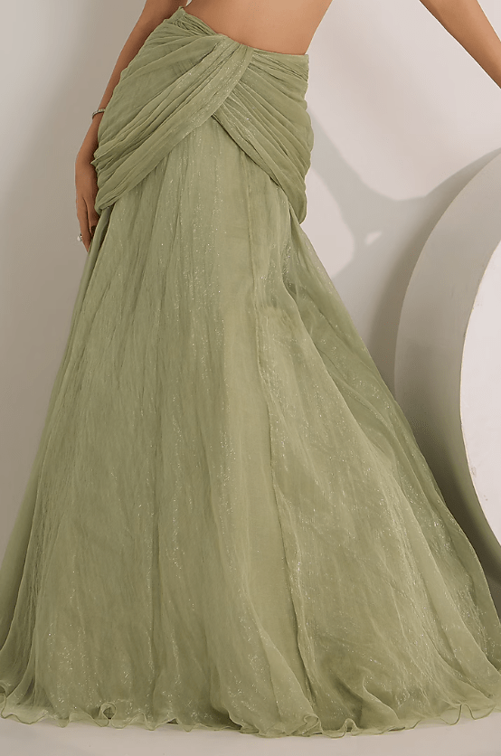 Mint Green Shimmer Chiffon Crystal Embroidered Cowl Skirt Set - Image 3