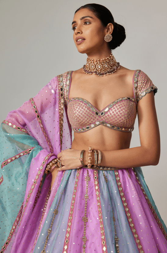 Multi-Colored Organza Gota Embroidered Lehenga Set - Image 4