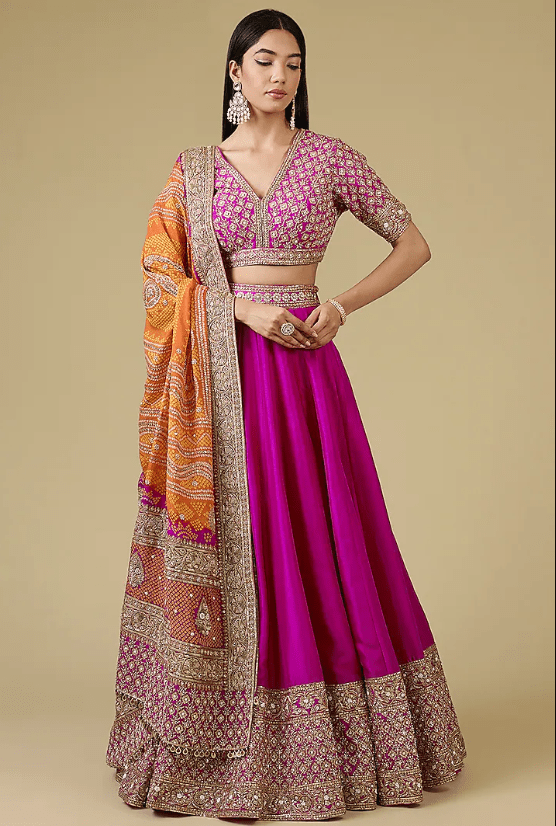 Pink Dupion Silk Embroidered Lehenga Set