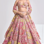 Multi-Coloured Net Floral Applique Embroidered Lehenga Set