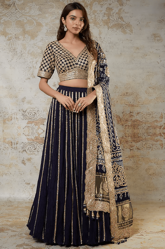 Blue Crushed Silk Lehenga Set