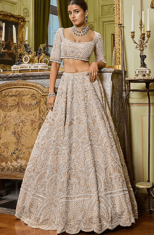Nude Raw Silk Pearl Embroidered Lehenga Set